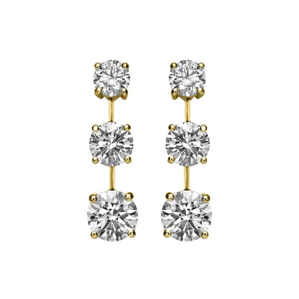 ROUND BRILLIANT DIAMONDS 3 STONES VERTICAL EARRINGS YELLOW GOLD